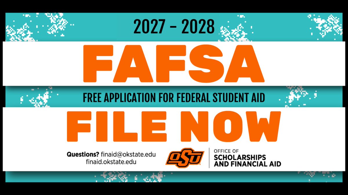 okstate's tweet photo. #CowboyFamily, the FAFSA for 2027-28 is now open! 🤠 

The Free Application for Federal Student Aid (FAFSA) is now open for the 2027-28 school year. Fill out the form soon to see if you are eligible for financial aid next year.

🔶 Submit your application with the school code 003170: https://t.co/Jb36LsKeFO
🔶 Contact #okstate for help: https://t.co/fTzSWVcAHW