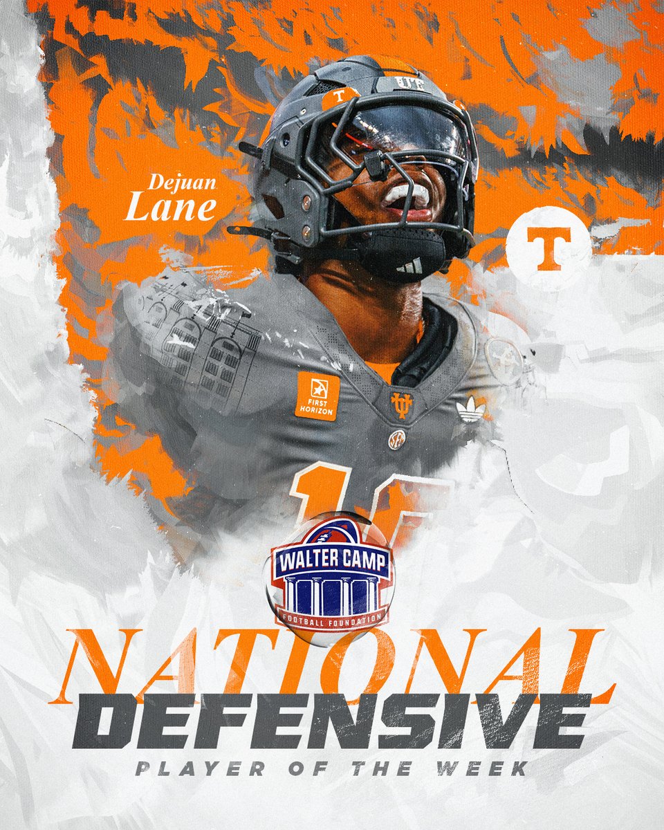 Vol_Football's tweet photo. Dejuan has been named the @WalterCampFF National Defensive Player of the Week.

read more → https://t.co/e3r4QXXp5M

#GBO 🍊 https://t.co/AYWO5D8WY3
