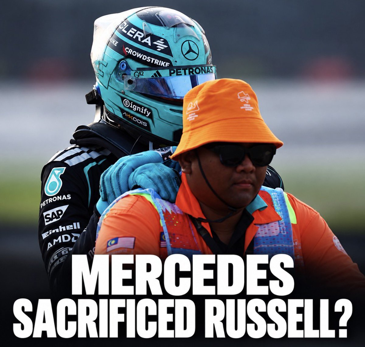 evrythngformu1a's tweet photo. 🚨 Mercedes reportedly KNEW George Russell’s engine was being pushed to its limit.

The power unit that failed in Malaysia had been in use since Hungary and Mercedes deliberately kept it running as part of a long-term reliability test for its 2027 development.

The downside? Russell has effectively paid the price.

Singapore is a terrible place to take a fresh engine penalty, meaning Mercedes may either risk an older unit again or wait until Austin and send George to the back of the grid.

(via. @Formula1WM) #F1