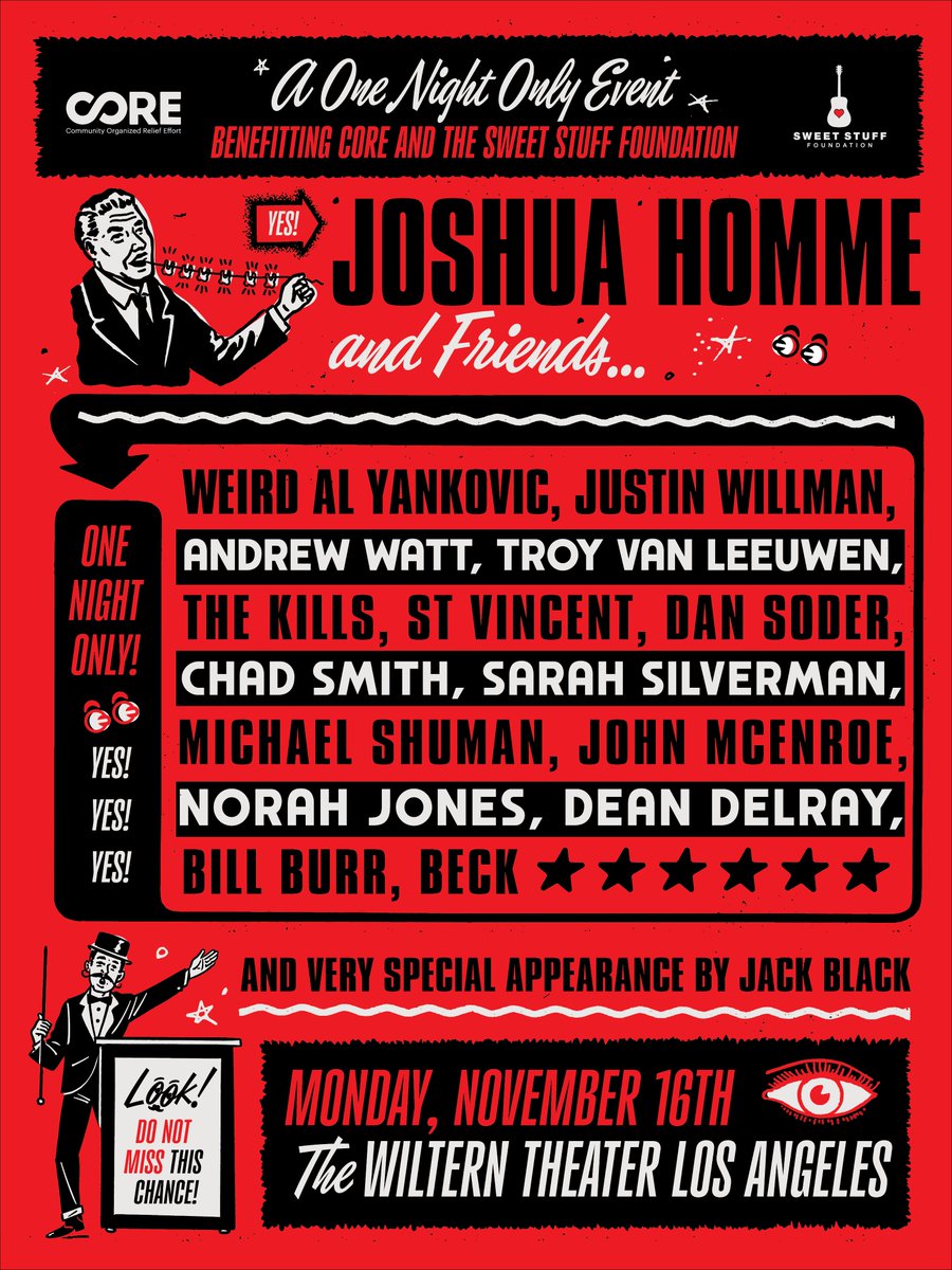 qotsa's tweet photo. Joshua Homme and Friends come together for a one-night-only concert benefiting @COREresponse and @dothesweetstuff! You won't want to miss this!

Monday, November 16th
Los Angeles, CA
The Wiltern
https://t.co/W3yf8s2p2f

Tickets are on sale Fri, Oct. 9 at 10AM. https://t.co/uQsbzHH5Xw