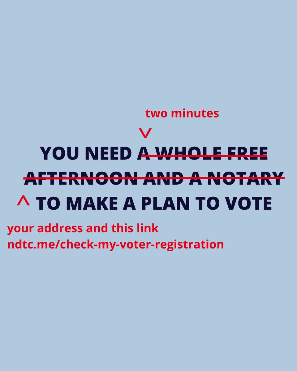 TrainDems's tweet photo. You don't need a free afternoon to make a plan to vote. You need two minutes. Check your registration before 11/3 ποΈ https://t.co/ou994aD8ON
#NDTC #TrainDems #BuildTheBench #GOTV #GetOutTheVote https://t.co/hLgaZWKsas