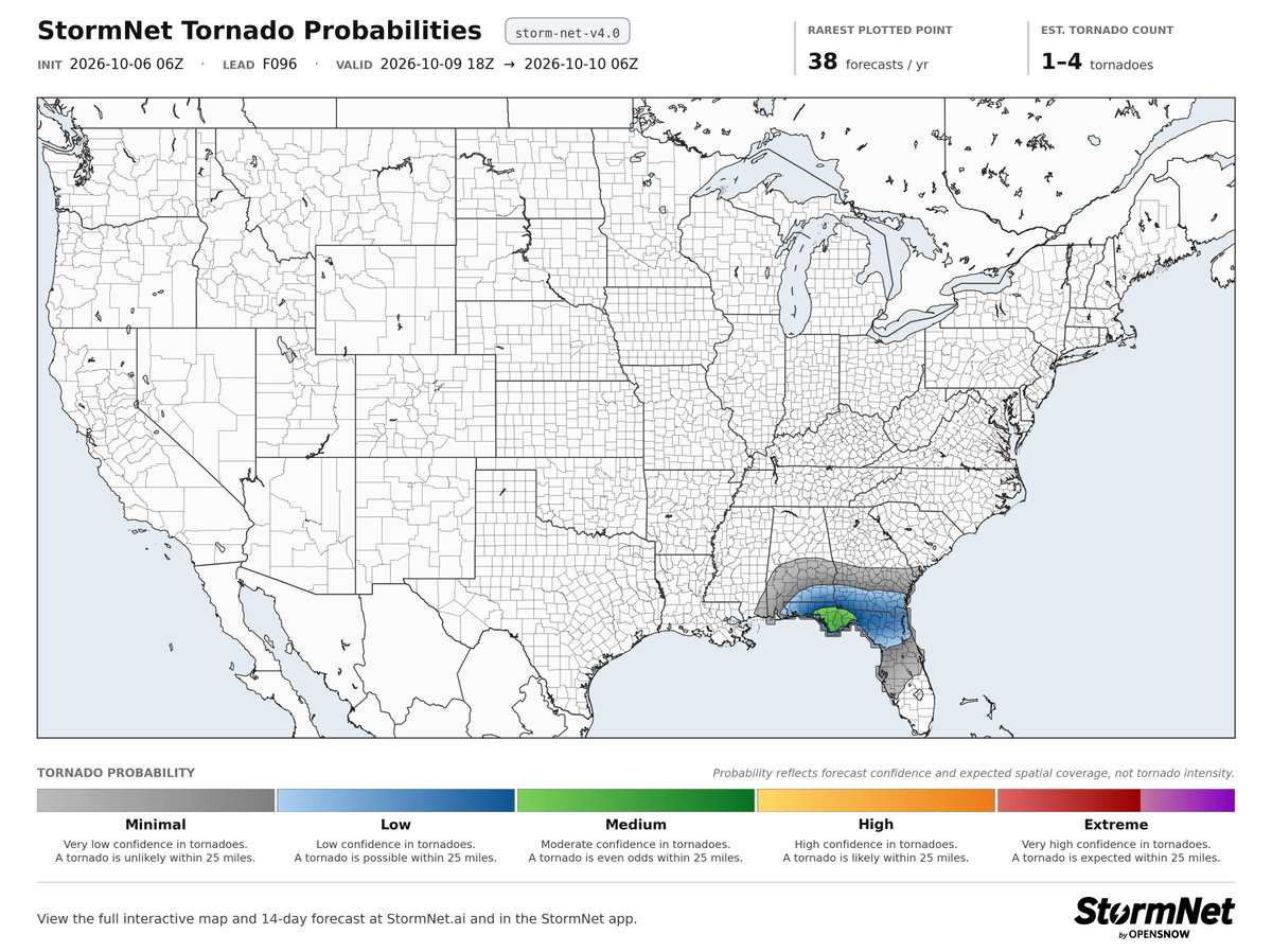 StormNetWx's tweet photo. Elevated threat of tornadoes detected for Friday, October 9th, 2026.

See attached map for details.

This forecast initialized on Monday night. Follow for future forecast updates. https://t.co/WyUEksrN76