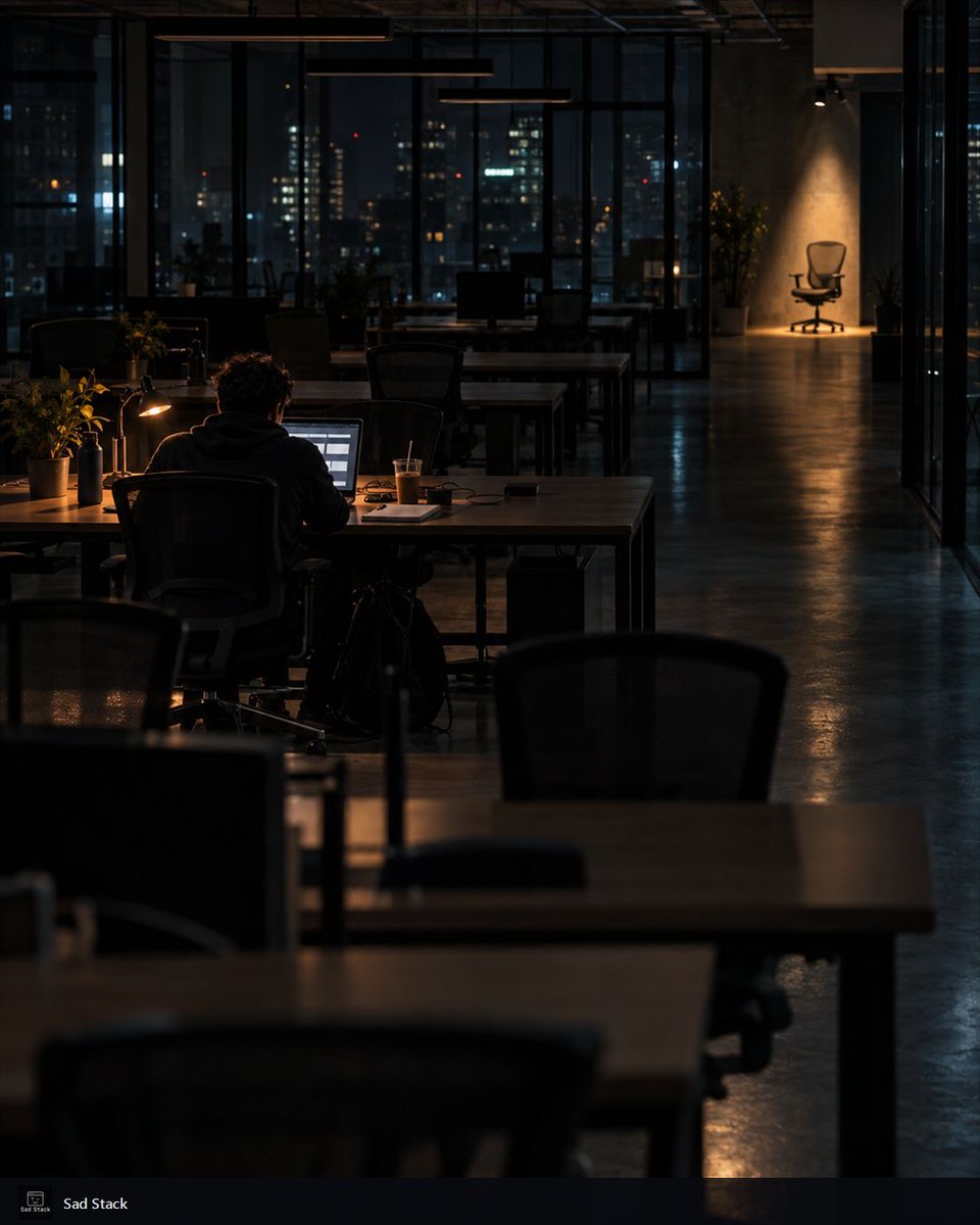 SadStackDev's tweet photo. Closing time arrived; the sprint assigned its final review to an empty chair. I stayed for the feedback. #DevHumor #OnCall https://t.co/wyhXHBI1eu