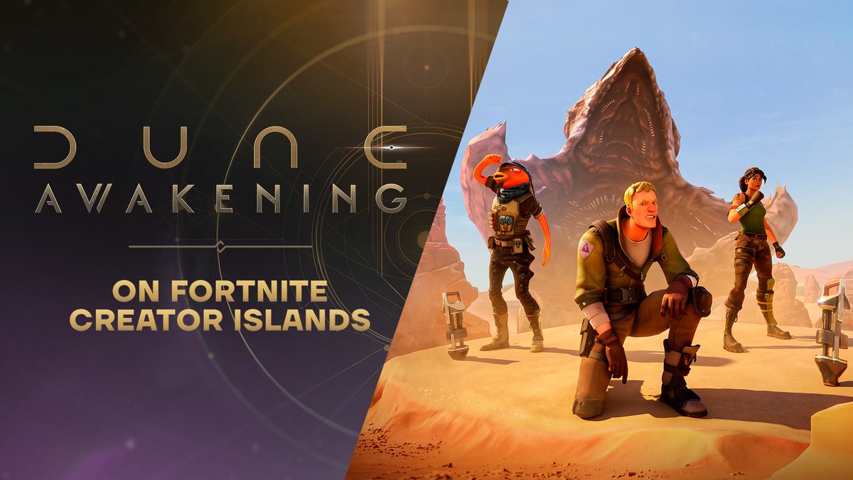 Promotional graphic for 'DUNG AWAKENING ON FORTNITE CREATOR ISLANDS', featuring three characters standing in a desert landscape near a giant sandworm.