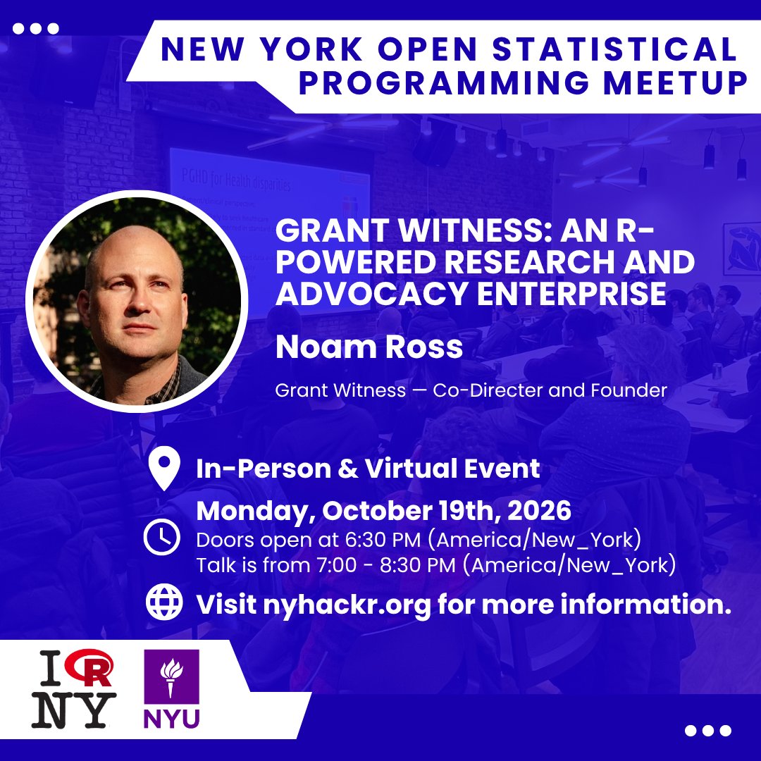 nyhackr's tweet photo. 👏Our next meetup is on Monday, October 19 with Noam Ross, who will be giving the talk Grant Witness: An R-Powered Research and Advocacy Enterprise.

📍In-Person at NYU &amp; Virtually Online at 7 PM (ET)

🙋‍♀️RSVP now ➡️ https://t.co/01uryZRVQY

Thanks @NYU_PRIISM for hosting! https://t.co/2GcE04Bo0a