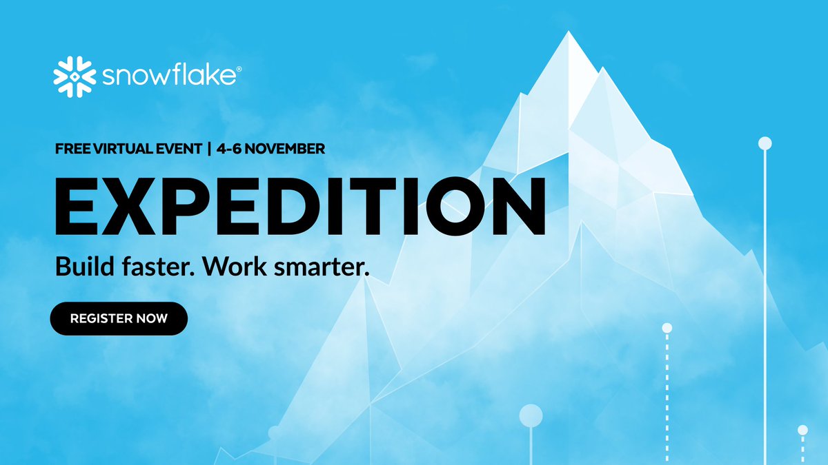 kdnuggets's tweet photo. Don't miss Snowflake Expedition 2026 – a global virtual experience designed to turn data engineering, analytics, and AI into high-impact, business-ready workflows. Whether you’re a builder or a leader, Expedition offers tailored learning paths so you can go heavy on execution and focus on real business outcomes!

What to expect:
⚡ Technical hands-on labs, live demos, and minimal slides.
⚡ A first look at Snowflake CoCo, AI agent-building tools, and enterprise AI workflows.
⚡ Real-world strategies from industry-leading organizations using the AI Data Cloud.

📅 Dates: November 3–6, 2026
💻 Location: Free Virtual Event 

🔗 Register now for free: https://t.co/g3lyY1oZu2