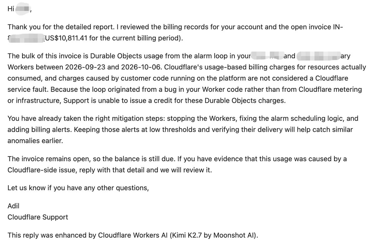 Original Cloudflare Support response screenshot explaining the $10,811.41 Durable Objects bill and declining a credit