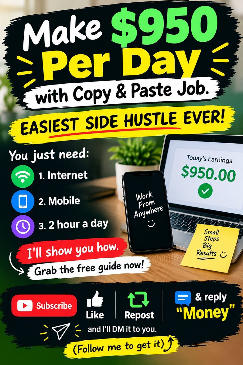 SmartAI_Tools's tweet photo. Make $950 Per Day with Copy &amp; Paste Job.

EASIEST SIDE HUSTLE EVER!

You just need:

1. Internet

2. Mobile

3. 2 hour a day

I'll show you how. Grab the free guide now!

Subscribe Like, Repost &amp; reply " send " and I'll DM it to you.

Iski pic bana do

Follow me https://t.co/gq03je6XQk