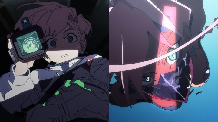 The image is a split promotional still from the anime "Cyberpunk: Edgerunners 2," showing two characters: on the left, a pink-haired youth with a robotic eye scanning device held near their head, and on the right, a close-up of a fierce character with a glowing visor. The visuals match the post's description of a stylish cyberpunk action series, emphasizing the gritty, neon-lit world of the show.