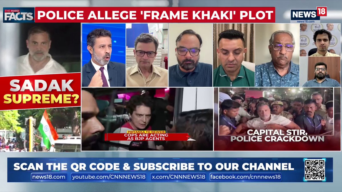 This image is a screenshot from a CNN News18 broadcast, featuring a "FACE THE FACTS" panel discussion segment. The headline reads "POLICE ALLEGE 'FRAME KHAKI' PLOT," and the image shows multiple guests on screen with text overlays reading "SADAK SUPREME?" and "CAPITAL STIR, POLICE CRACKDOWN," along with a quote about Priyanka Gandhi alleging Congress agents framing BJP. A bottom banner encourages viewers to "SCAN THE QR CODE & SUBSCRIBE TO OUR CHANNEL" with social media handles for news18.com, YouTube, X, and Facebook.