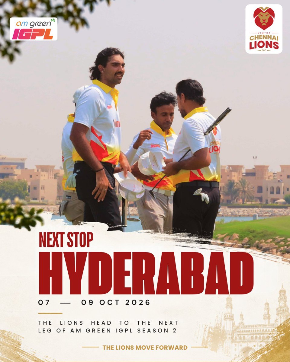 chennailionsgc's tweet photo. Hyderabad, Vimtra Chennai Lions GC is coming in hot.
The AM Green IGPL heads to Hyderabad Golf Course from October 7–9, hosted by the Krishna Punjab Raptors GC.
A new venue. A new battle. The Lions are ready.
@punjabraptorsgc @Officialigpl 
#AMGreenIGPL #VimtraChennaiLions #Golf https://t.co/oozFYcoJon