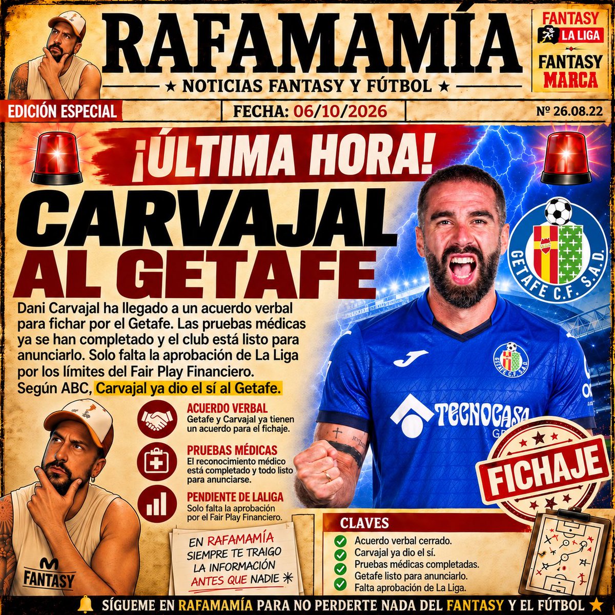 Rafamamia1's tweet photo. 🚨 ¡BOMBAZO EN EL GETAFE! Dani Carvajal habría dado el sí y el acuerdo verbal estaría cerrado. Solo falta el visto bueno de LaLiga por el Fair Play Financiero. 👀🔥
#Carvajal #Getafe #LaLiga #Fantasy #RafaMamia https://t.co/ZHEfphKnC1