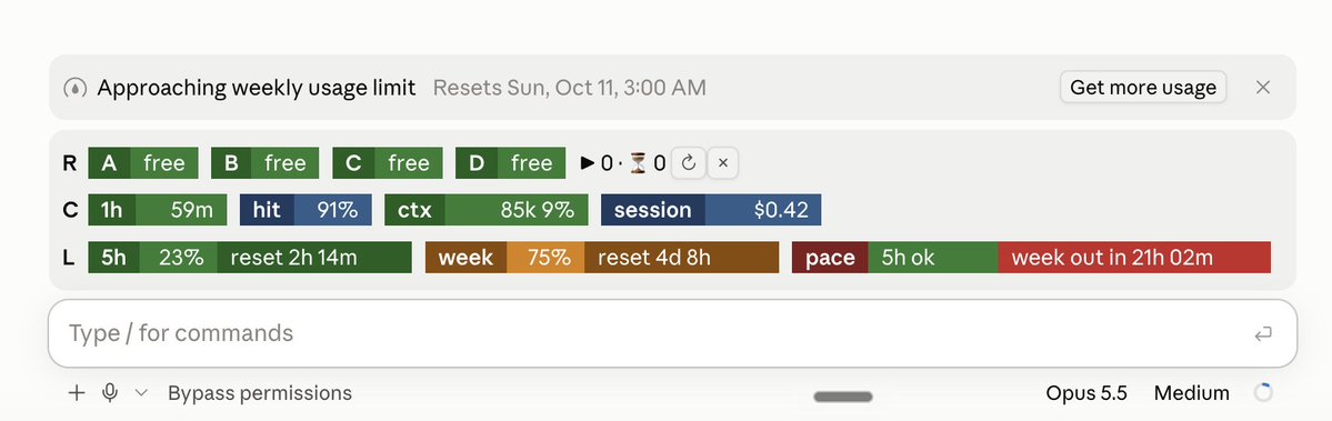 bajabasin's tweet photo. Running 12 Claude Code sessions at once, I needed one glance to know what's going on.

So Claude and I built a mod: CI runners, cache, context, cost, and whether my weekly limit will last until reset.

@claudeai Code mods are super useful. 
Highly recommend trying them, would U? https://t.co/tL3JWIEsWH