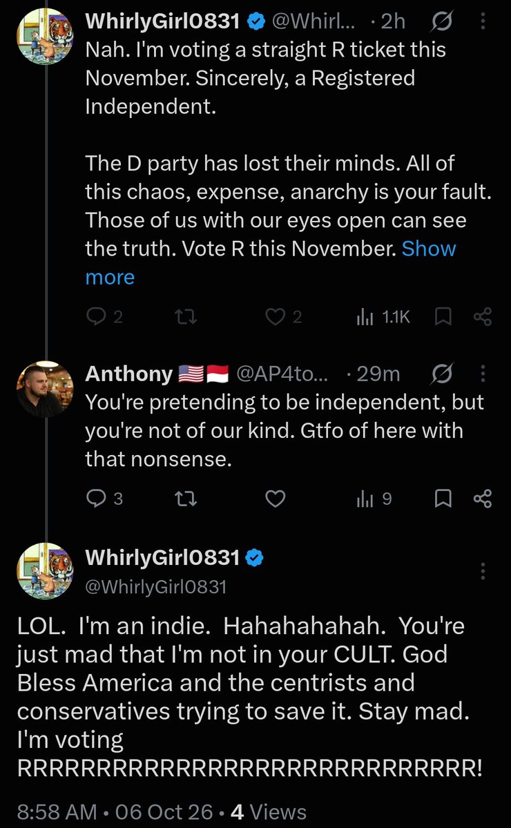 AP4tomms's tweet photo. Lmao 🤣🤣 Sure, tell me some more how you're an independent in your MAGA accent. https://t.co/BRP41hHe4f
