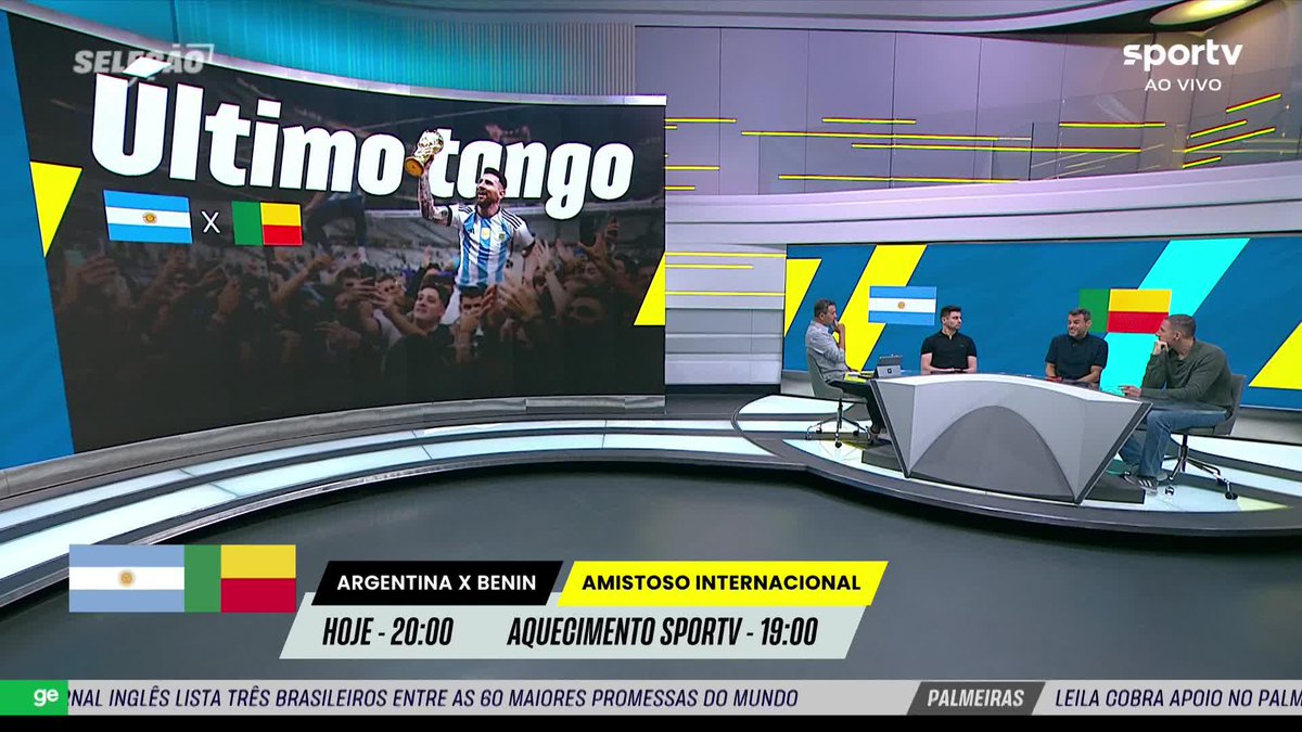 A SportTV pre-match panel discusses the upcoming "Último Tango" friendly between Argentina and Benin at 20:00 (with pre-game coverage starting at 19:00), featuring hosts and analysts seated at a desk beside screens showing both nations' flags. The broadcast highlights Messi's farewell match, while commentator Eric Faria's quote reflects broader concerns about prioritizing Brazilian Championship matches over this historic occasion.