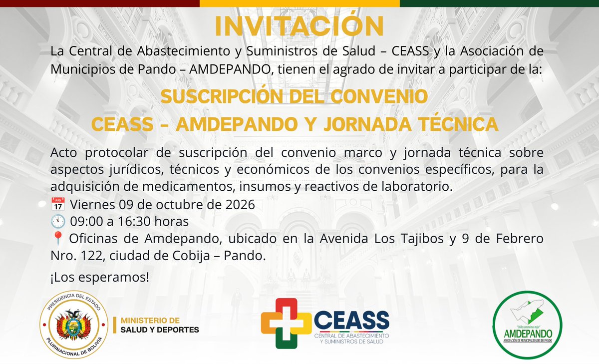 CeassBolivia's tweet photo. 📢 INVITACIÓN | CONVENIO CEASS – AMDEPANDO
📅 Viernes 09 de octubre de 2026
🕘 09:00 a 16:30 horas
📍 Oficinas de AMDEPANDO
📌 Av. Los Taijbos y 9 de Febrero N.º 122, ciudad de Cobija – Pando.
💚💛❤️ CEASS y AMDEPANDO, unidos por una gestión que fortalece la salud pública. https://t.co/b0bKDCrn8q