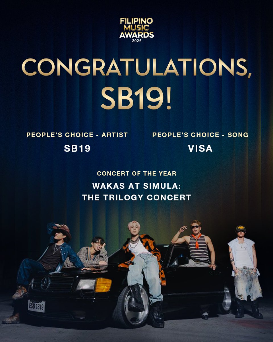 lunariglobal's tweet photo. Congratulations to @SB19Official on winning "People's Choice - Artist", "People's Choice - Song", and "Concert of the Year" at the 2nd Filipino Music Awards! 🏆

SB19 MAY BISA SA FMA 
@1zentertainment 
#SB19RocksTheFMA #SB19 
#FilipinoMusicAwards #FMAs #PPOP https://t.co/sHvW8v754e