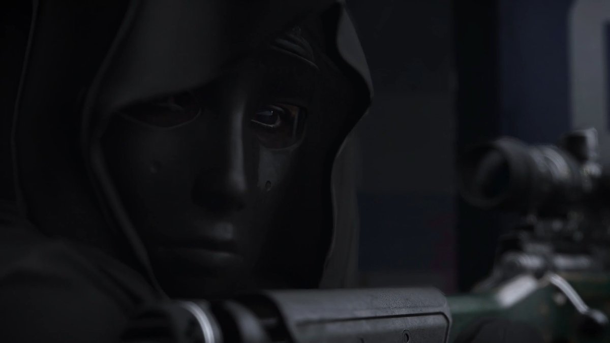 A hooded figure wearing a black tactical mask with visible eye holes is shown in a dark, moody setting, with the scope of a weapon visible to the right. The image showcases the masked appearance of the "Roze" Lieutenant Boss character from Modern Warfare 4's DMZ mode, highlighting her new look with an exposed mouth area on the mask.