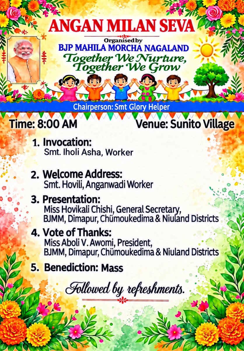 BJPMahilaDim's tweet photo. BJP Mahila Morcha, Dimapur District, visited the Anganwadi Centre at Sunito Village. 
Ghaspani-1

The visit was part of the Angan Milan Seva initiative, focusing on honouring Anganwadi workers and supporting the children at the centre. 🙏 https://t.co/HOzLN5XtM9