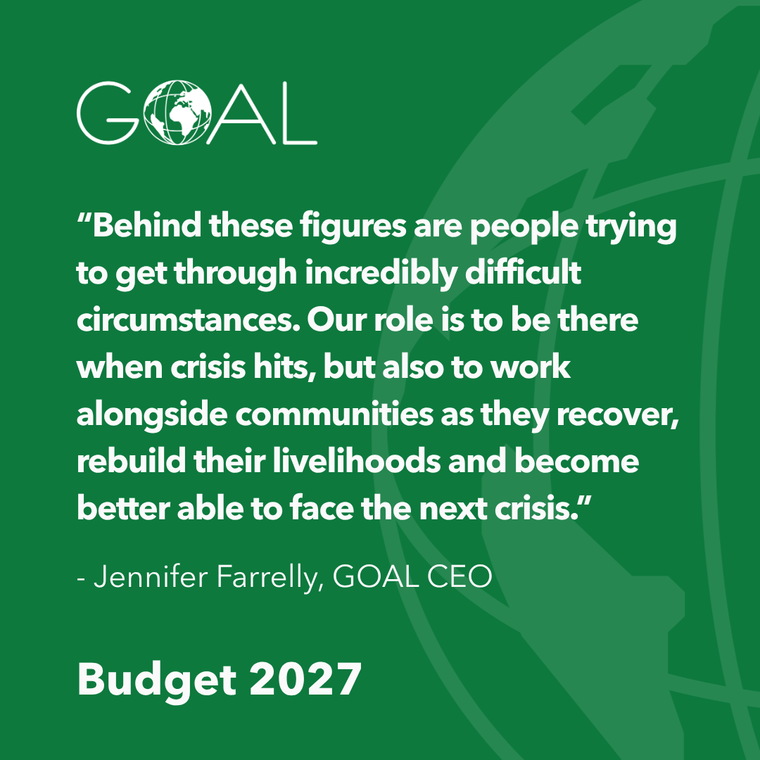 GOAL_Global's tweet photo. “When crisis hits, the first priority is helping people through it. But what happens next matters too.”

GOAL CEO Jen Farrelly welcomes Ireland’s continued investment in overseas development assistance – helping communities recover, rebuild and prepare for future shocks.

See our full Press Release here: https://t.co/0BrfZJBk64

#Budget2027 @Irish_Aid