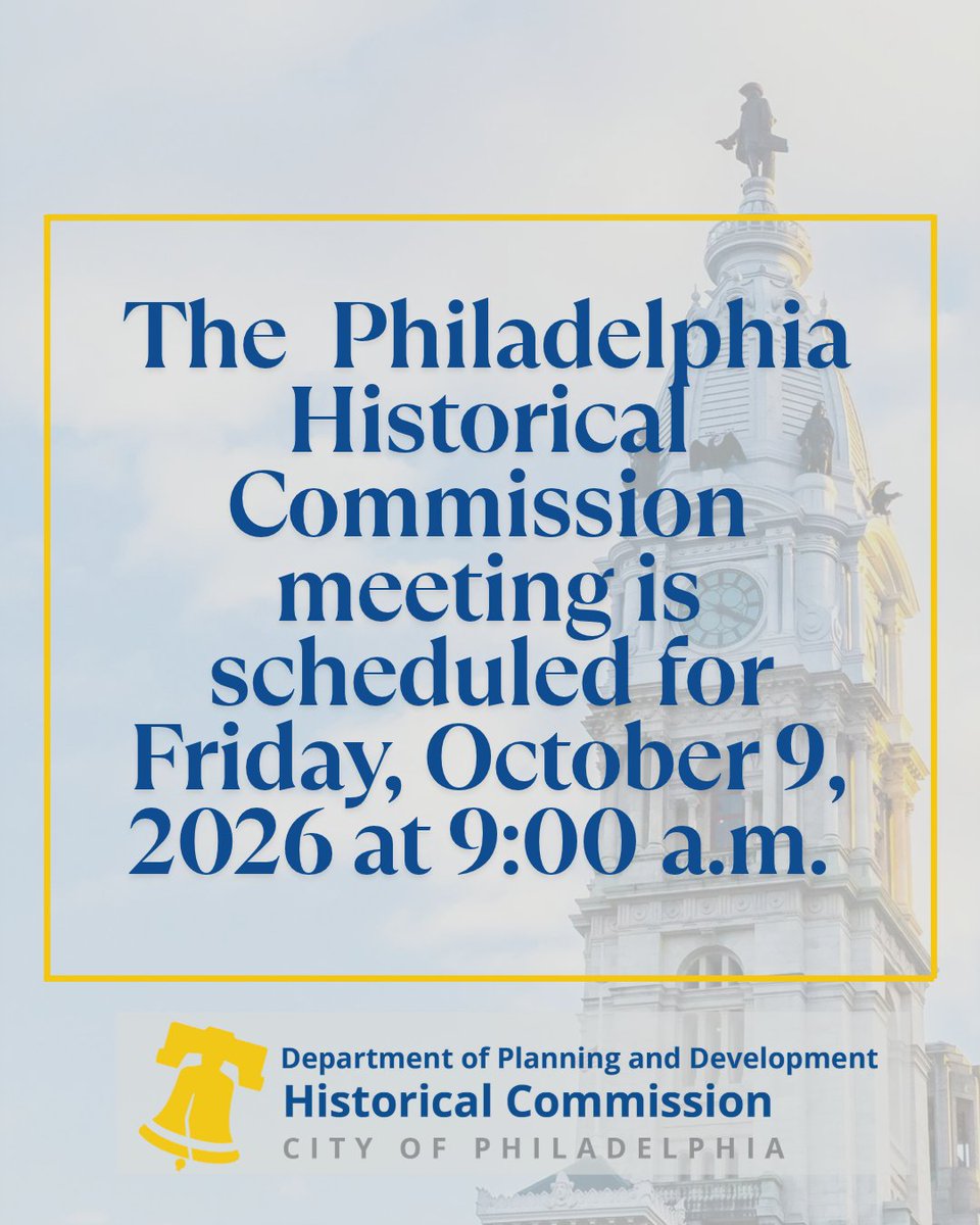 PHLPlanDevelop's tweet photo. The Historical Commission will hold its Friday meeting in person on Friday, October 9 at 9:00 a.m. at 1515 Arch St. on the 18th floor, and remotely on Zoom.

Visit the Public Meetings page for more information:

https://t.co/eWunL0CJpb https://t.co/xTe1sOk3CG
