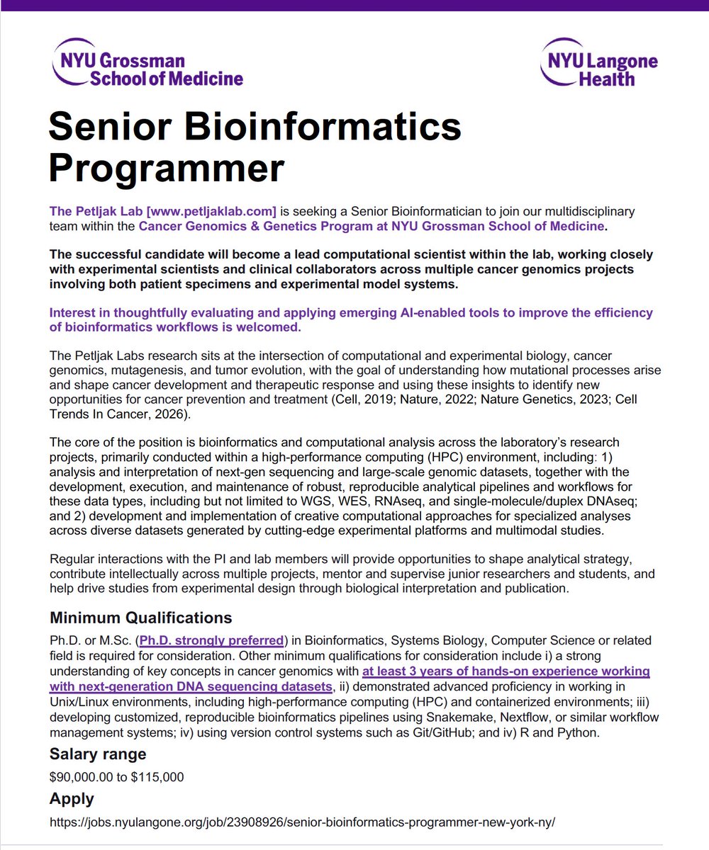 miapetljak's tweet photo. I’m hiring a Senior Bioinformatician at NYU Grossman School of Medicine! 🧬

Lead computational research in my lab to uncover what drives cancer mutations &amp; tumor evolution.

📍 NYC | Visa sponsorship available

Apply: https://t.co/3Jl7uMkDAf⁠

Please repost! https://t.co/wZE7adqFKT