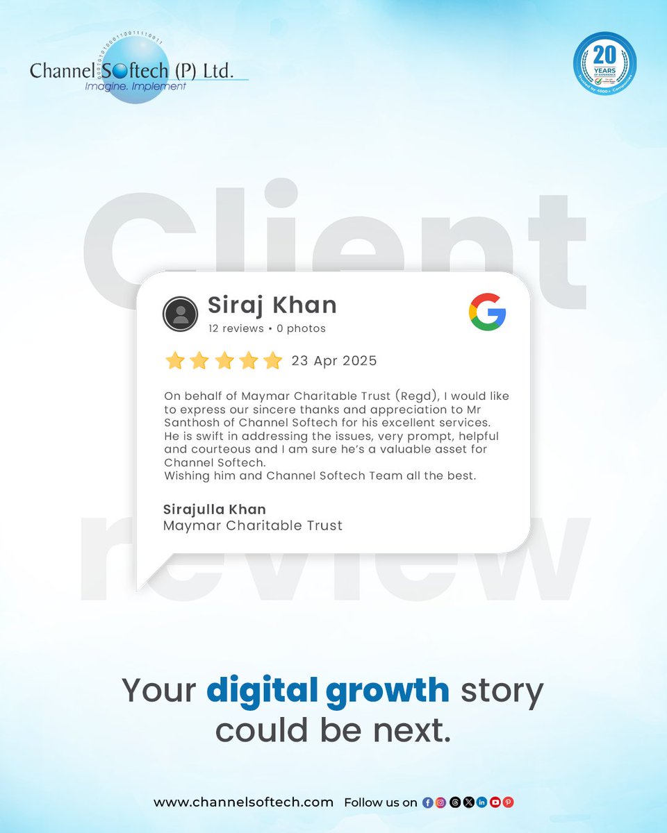 channelsoftech's tweet photo. A look at our work with Maymar Charitable Trust.

Their words mean more than any claim. Thank you for trusting Channel Softech and sharing your experience.

https://t.co/w634WoZB8w

#clientreview #successstory #digitalmarketing #seo #channelsfotech https://t.co/74HIPLuZ6w