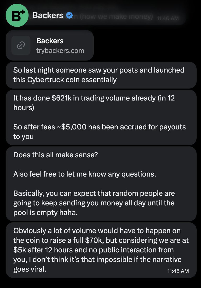 danielcberk's tweet photo. Apparently someone launched a Cybertruck coin on this platform called @Try_Backers and there's like $600k trading on this coin with platform fees going directly to my X wallet to buy a Cybertruck loooooooool https://t.co/AfTvRSPlnk