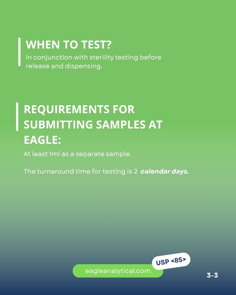 eagleanalytical's tweet photo. What is the USP Bacterial Endotoxins Test, and what are the requirements for compounding pharmacies making sterile preparations?
Β
#usp85 #endotoxinstest #endotoxinTesting
#eagleanalytical
#consulteagle https://t.co/pmmmuh6maA