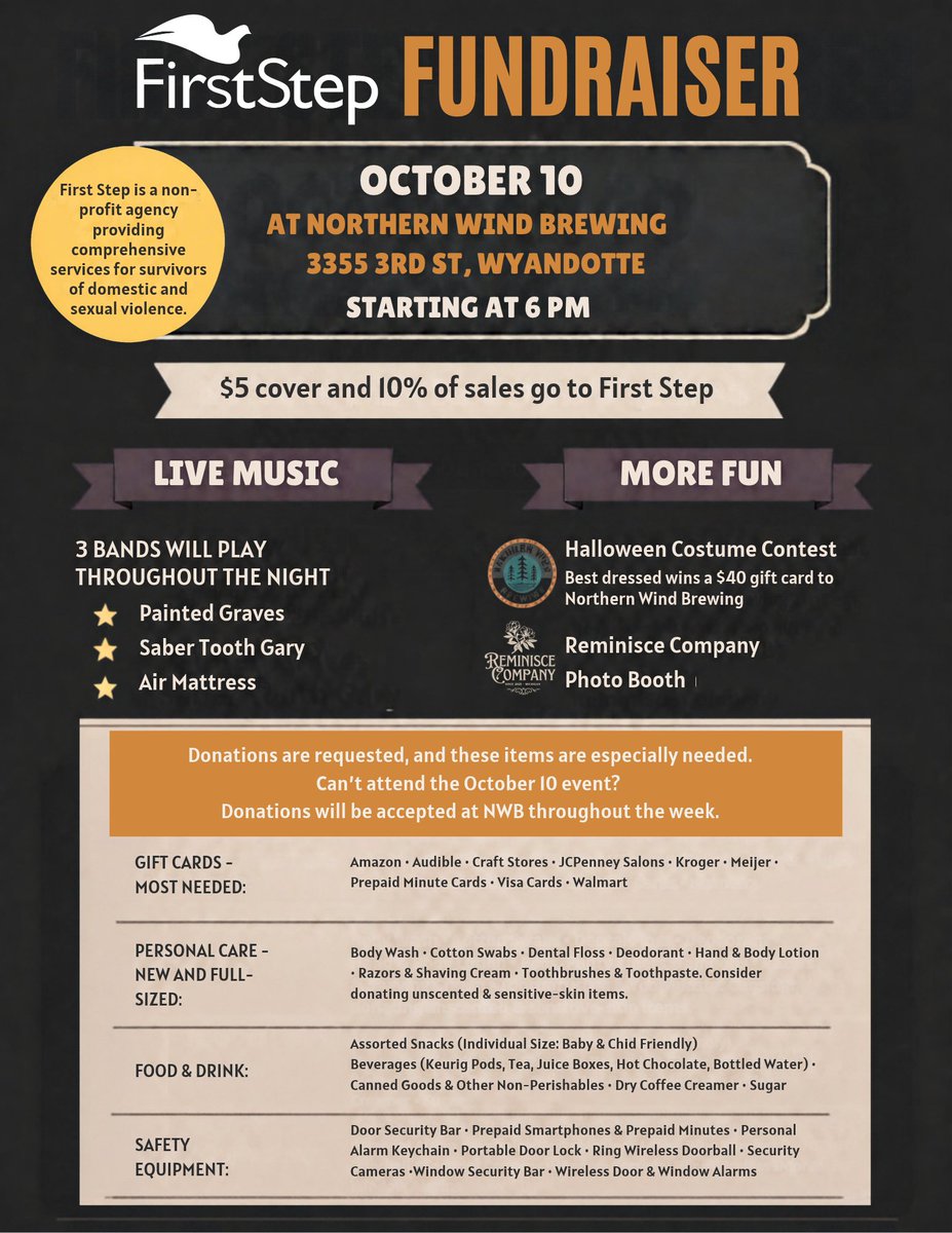 FirstStepPeace1's tweet photo. Tomorrow, Sat. Oct. 10th, head over to Northern Wind Brewing for a fundraiser benefiting First Step! Featuring live music, a costume contest, and photo booth! See flyer for more details. https://t.co/untWzzjZEb