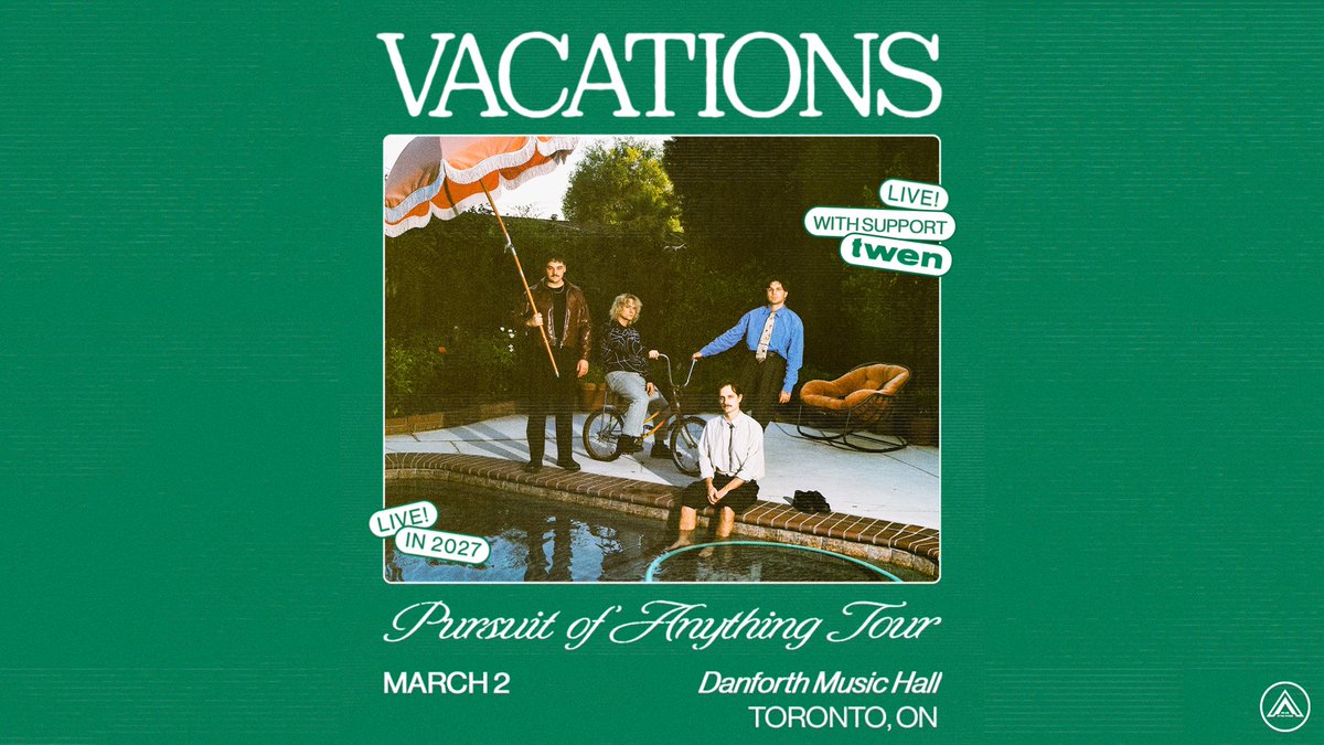 TheDanforthMH's tweet photo. JUST ANNOUNCED: Vacations are coming to Danforth Music Hall on March 2! 🌴
Toronto, get ready for an unforgettable night of dreamy indie sounds.
ON SALE: Fri, Oct 9 | 10am
🎟️: https://t.co/dXqGpNqXTS https://t.co/J2HB8Tvixb