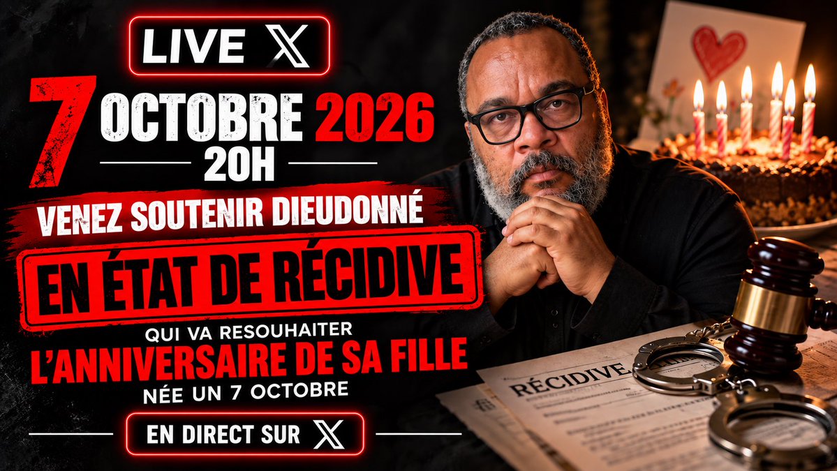 MbalaDieudo's tweet photo. J’ai été condamné à six mois ferme pour avoir fêté l’anniversaire de ma fille. Mais la justice a ses sentences et le calendrier ses obstinations : elle est toujours née le 7 oct. Demain, je récidive, en direct sur X à 20h. Il est des délits auxquels un père ne se soustrait pas. https://t.co/WyQFYMonVT