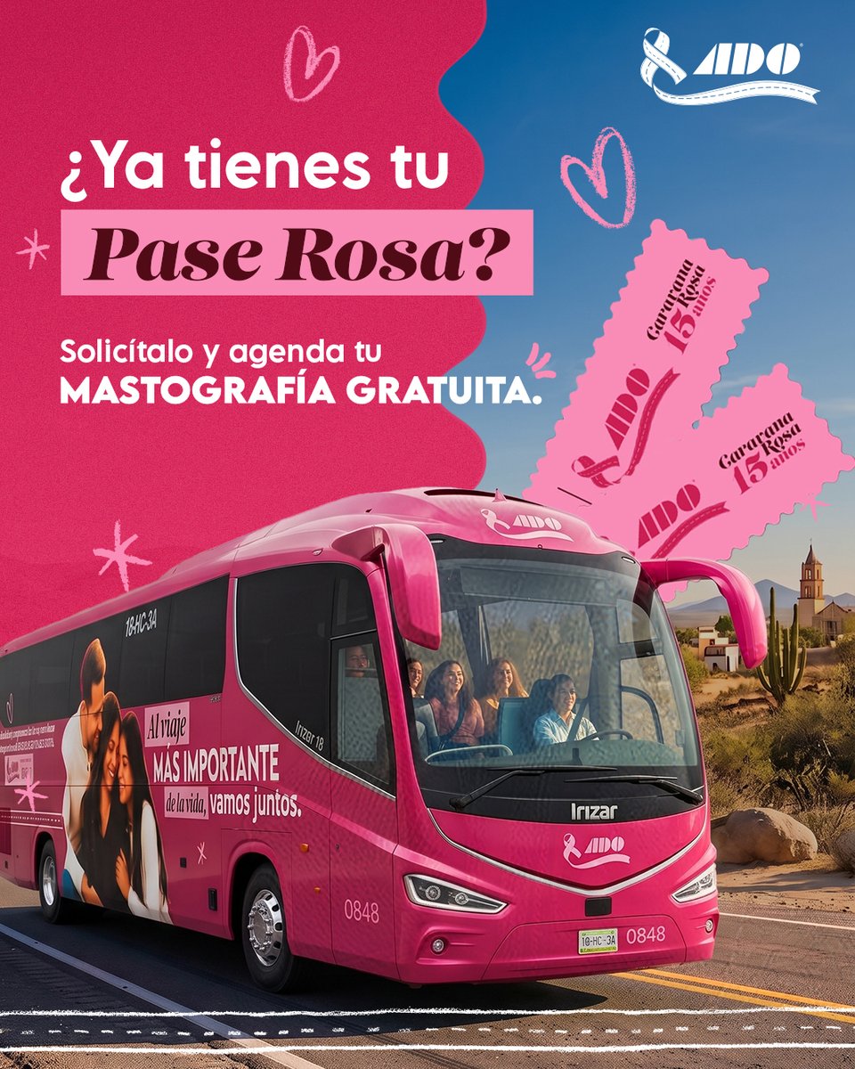 tuADO's tweet photo. El primer paso es conseguir tu Pase Rosa. 💗

Acércate a una terminal participante, solicita tu pase y consulta las indicaciones para agendar tu cita.

🚌🎀 Consulta dónde solicitarlo y cómo usarlo aquí:
https://t.co/l1pAgqTgxN
#CaravanaRosa #YoTeAcompaño #DetecciónOportuna https://t.co/a2tMxS3Fzy