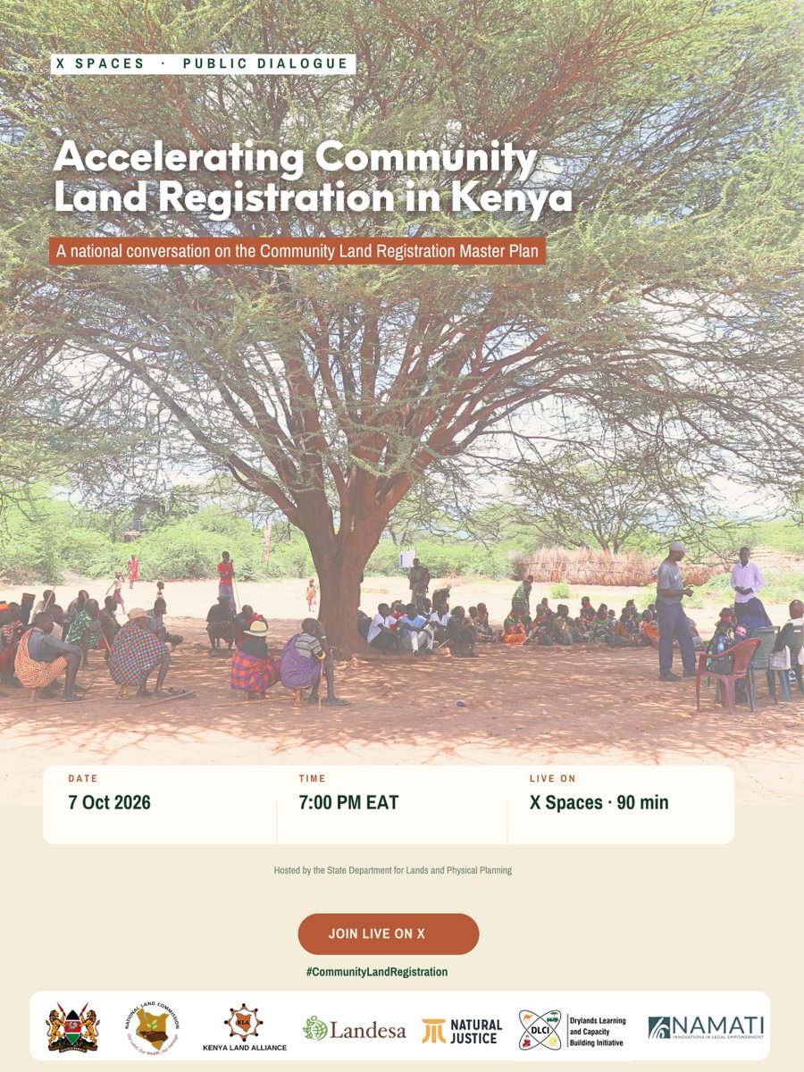 DLCI_Kenya's tweet photo. What will it take to accelerate Community Land Registration in Kenya? 🇰🇪

Join us tomorrow at 7PM for an X Space as we unpack the Community Land Registration Master Plan, discuss the road ahead, and hear your views on what needs to change.

🎙️ Listen in. Ask questions. Be part of the conversation.

https://t.co/dzp09T1jC1

#SajiliArdhiYaJamii #CLAat10 #RegisterCommunityLandsNow