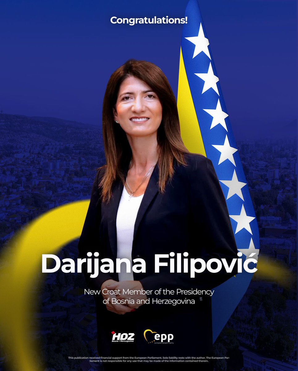 EPP's tweet photo. 🇧🇦 Strong results for the EPP family across Bosnia and Herzegovina, with our parties as key forces in shaping the country’s next chapter.

Special congratulations to HDZ BiH Vice-President @FilipovicD_ on her historic election as Croat Member of the Presidency of Bosnia and Herzegovina. Her historic success is a powerful inspiration for women in politics across the region.

The clear mandate from the voters goes hand in hand with a strong responsibility to move the country forward on the European path.

Looking forward to working together!