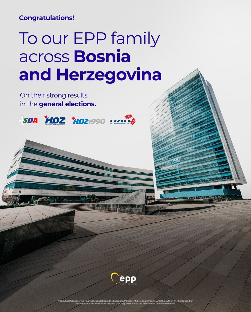 EPP's tweet photo. 🇧🇦 Strong results for the EPP family across Bosnia and Herzegovina, with our parties as key forces in shaping the country’s next chapter.

Special congratulations to HDZ BiH Vice-President @FilipovicD_ on her historic election as Croat Member of the Presidency of Bosnia and Herzegovina. Her historic success is a powerful inspiration for women in politics across the region.

The clear mandate from the voters goes hand in hand with a strong responsibility to move the country forward on the European path.

Looking forward to working together!