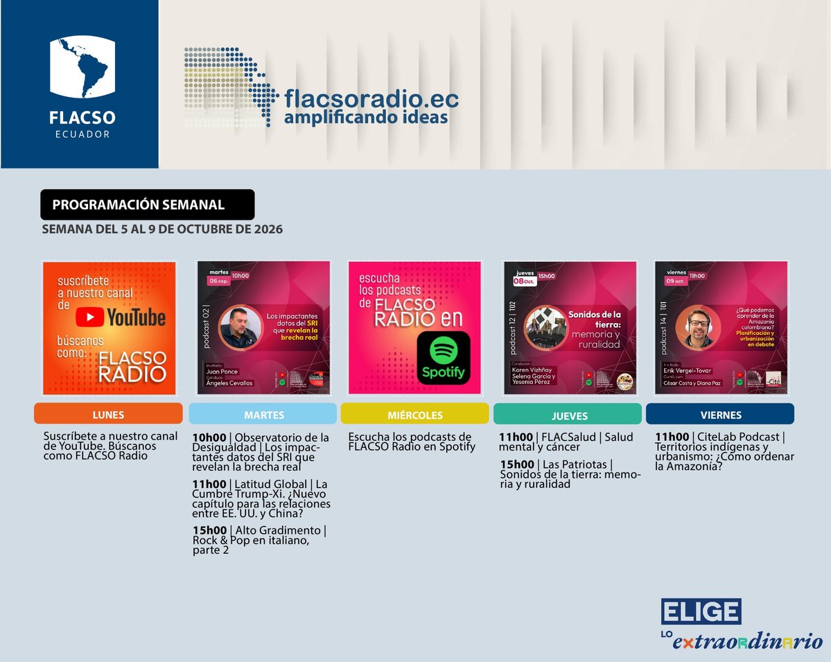 FLACSOec's tweet photo. 🎙 Sintoniza @flacsoradio y descubre una variedad de programas que exploran las ciencias sociales, la música y el entretenimiento.

Escúchanos aquí: https://t.co/Vr2sea6IUg

#FLACSOEcuador #EligeloExtraordinario #ComunidadFLACSO #AmplificandoIdeas https://t.co/IYKfx1bxxW