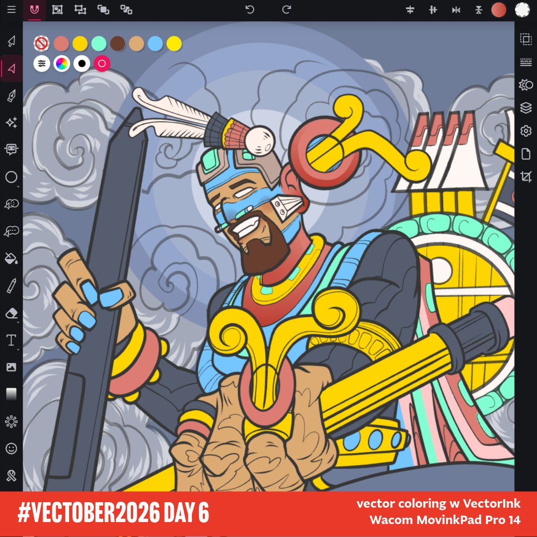 VectorMaestros's tweet photo. Day 6 - DTM Tezca 
creepin slowly on this Vector Magic book cover design 

vector linework w @Adobe Fresco
coloring w @VectorInkStudio
n @Wacom MovinkPad Pro 14

#Vectober2026 #VectorDaily2026 #ArtLife #DTM #DigitalArt #Creativity #Storyteller https://t.co/1lhcWrTAsT