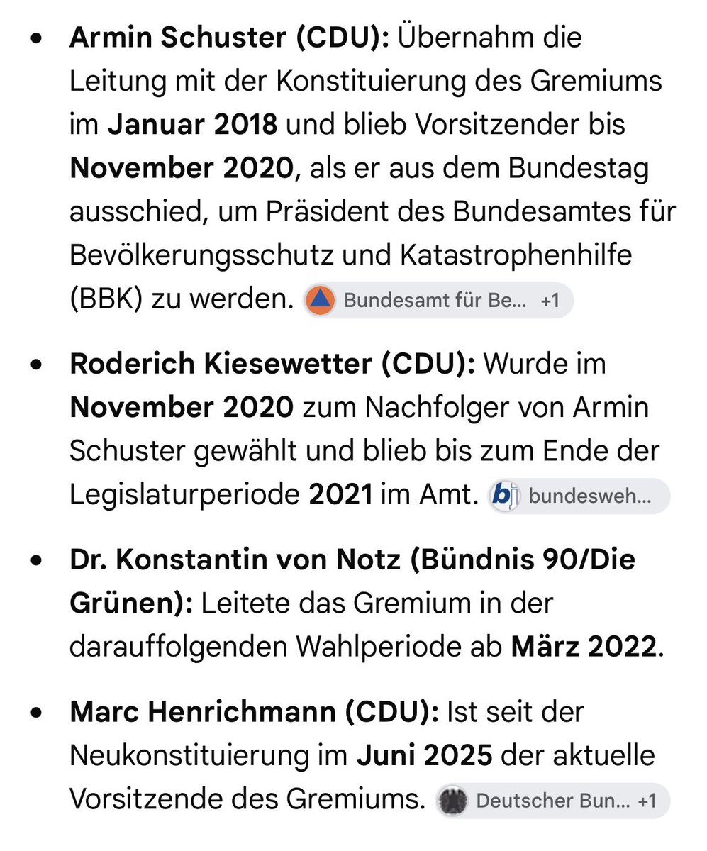 SusanneBaessler's tweet photo. @MarcHenrichman @Bundestag #Hanning 

Das Parlamentarische Kontrollgremium (PKGr), dem Sie als MdB der CDU-Fraktion seit 2025 vorsitzen Henrichmann, hat seit 2010 nicht aufgedeckt, dass der Büroleiter von weiteren vier BND-Präsidenten mutmaßlich Geheimnisse an den ehemaligen BND-Präsidenten Hanning mutmaßlich gegen Geldzahlungen verraten hat. 

Das PKGr wurde seit 2010 durch die Parteien SPD, CDU, Die Linke (SED) und Bündnis 90/Die Grünen geleitet. Letztere Partei stellt seit 2025 den stellvertretenden Vorsitzen, der das Gremium von 2022 bis 2025 leitete und bereits von 2017 bis 2022 stellvertretender Vorsitzender war. 

1,3 Milliarden € kostet der Bundestag die Steuerzahler pro Jahr. Was genau ist ein Parlamentarisches Kontrollgremium wert, das einen mutmaßlich eklatanten Geheimnisverrat über 15 Jahre und 7 Vorsitzende hinweg nicht aufzudecken vermag? 

Die Frage, wie groß der nachrichtendienstliche Aufklärungswille der MdB von Die Linke (SED) und Bündnis 90/Die Grünen ist, stellt sich angesichts der Ereignisse rund um Wahl und Regierungsbildung zum Abgeordnetenhaus Berlin mutmaßlich. 

@bundeskanzler @CDU @cducsubt @CSU @csu_bt @BND_Deutschland @JuliaKloeckner