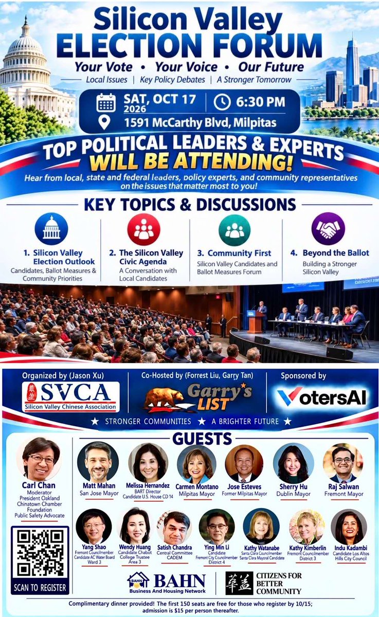 svca2020's tweet photo. Silicon Valley Election Forum

Your Vote · Your Voice · Our Future

SAT, OCT 17 2026 6:30 PM
1591 McCarthy Blvd, Milpitas, CA

Hear from local, state and federal leaders, policy experts, and community representatives on the issues that matter most to you! https://t.co/0oAGUJTrfY