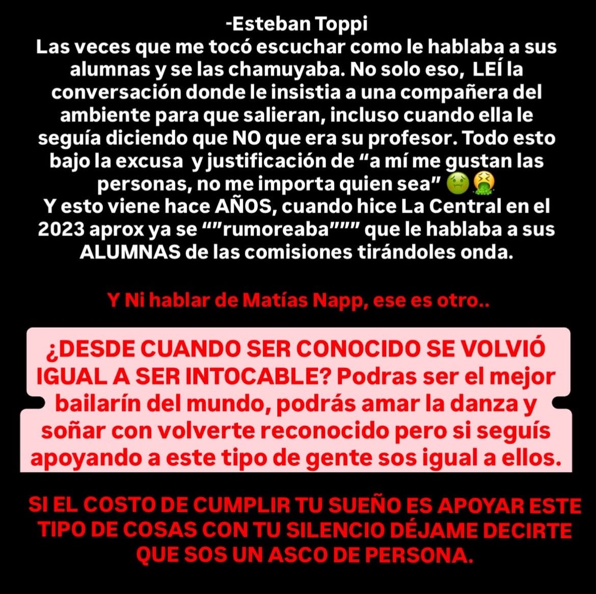 updateargs's tweet photo. 🚨El reconocido coreógrafo Mati Napp fue escrachado en redes por una docena de chicas que denuncian acoso hacia las alumnas menores de edad 

- Esteban Toppi y Nahuel Leguizamon son otros de los tantos acusados👇🏼 https://t.co/wPN9IGnEuc