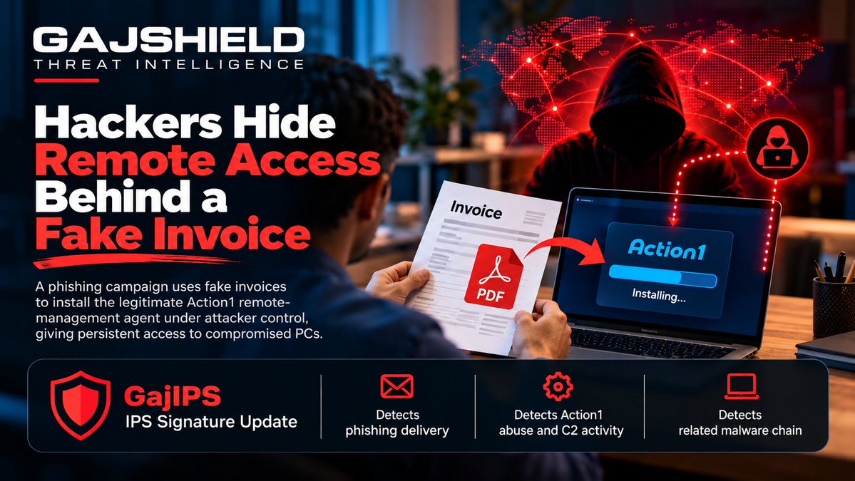 GAJSHIELD's tweet photo. Fake Invoice Installs Hidden Remote Access
https://t.co/mGKjbAMaVH
#CyberSecurity #Phishing #RMM #RemoteAccess #Action1 #FakeInvoice #Malware #ThreatIntelligence #CyberThreats #CredentialTheft #NetworkSecurity #SocialEngineering #GajIPS #GajShield #GajShieldThreatLabs https://t.co/VR7BA4O1HT