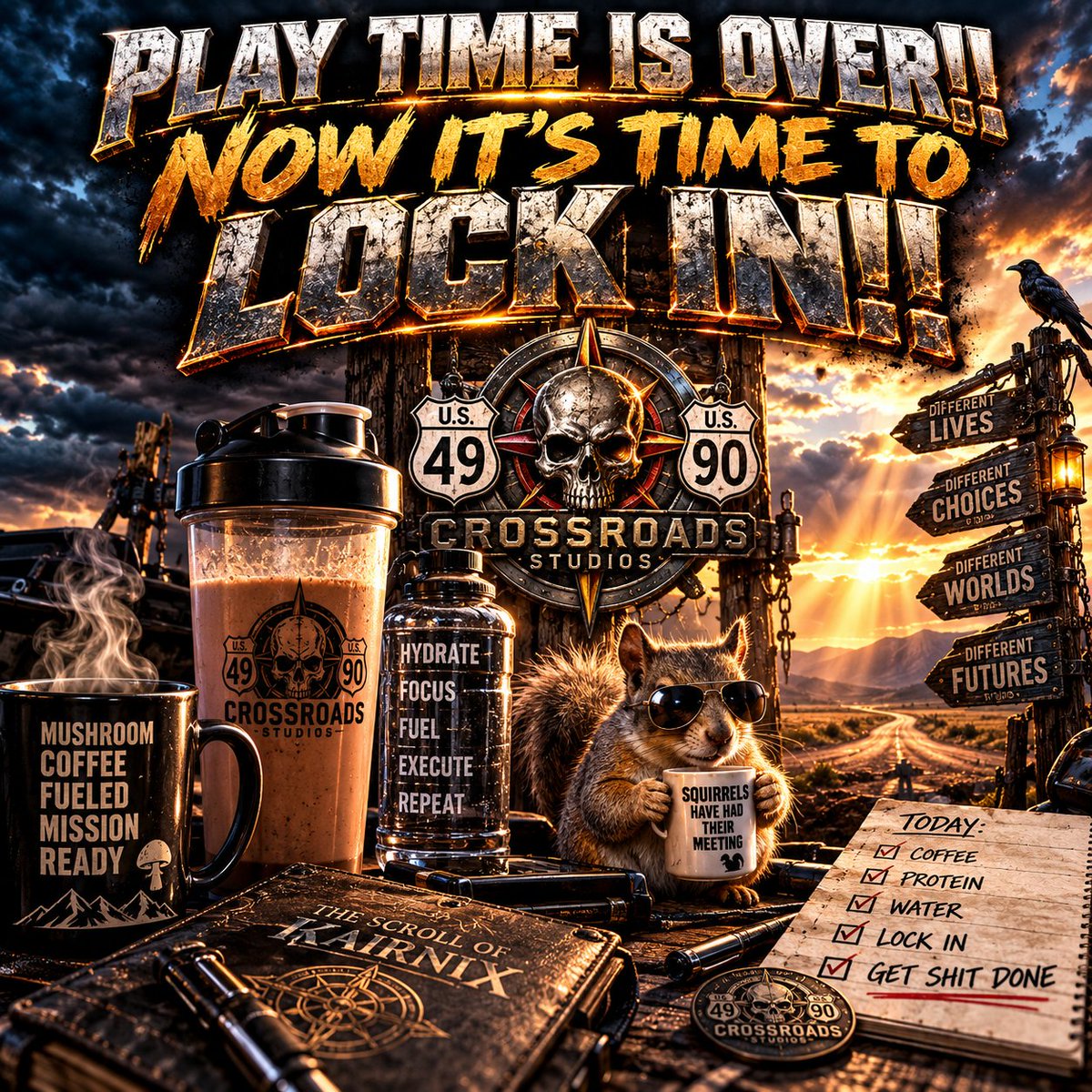 TheYetiRadio's tweet photo. PLAY TIME IS OVER. TIME TO LOCK IN.
Stop planning the road. START TEARING IT UP!
Fuel up. Hydrate. Focus. Execute.
The squirrels have had their meeting. 🐿️
LET'S GET TO WORK.
#4990CrossroadsStudios #LockIn #GetToWork #CreativeMotivation #StartTearingItUp https://t.co/GmDx8e7uFh