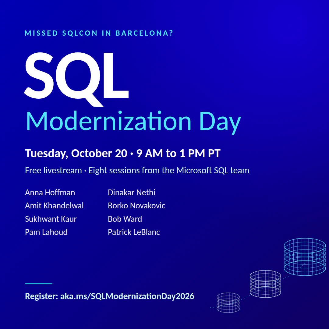 Social card naming the speakers participating in SQL Modernization Day and details on date, time and place. Social card is blue with white text. 