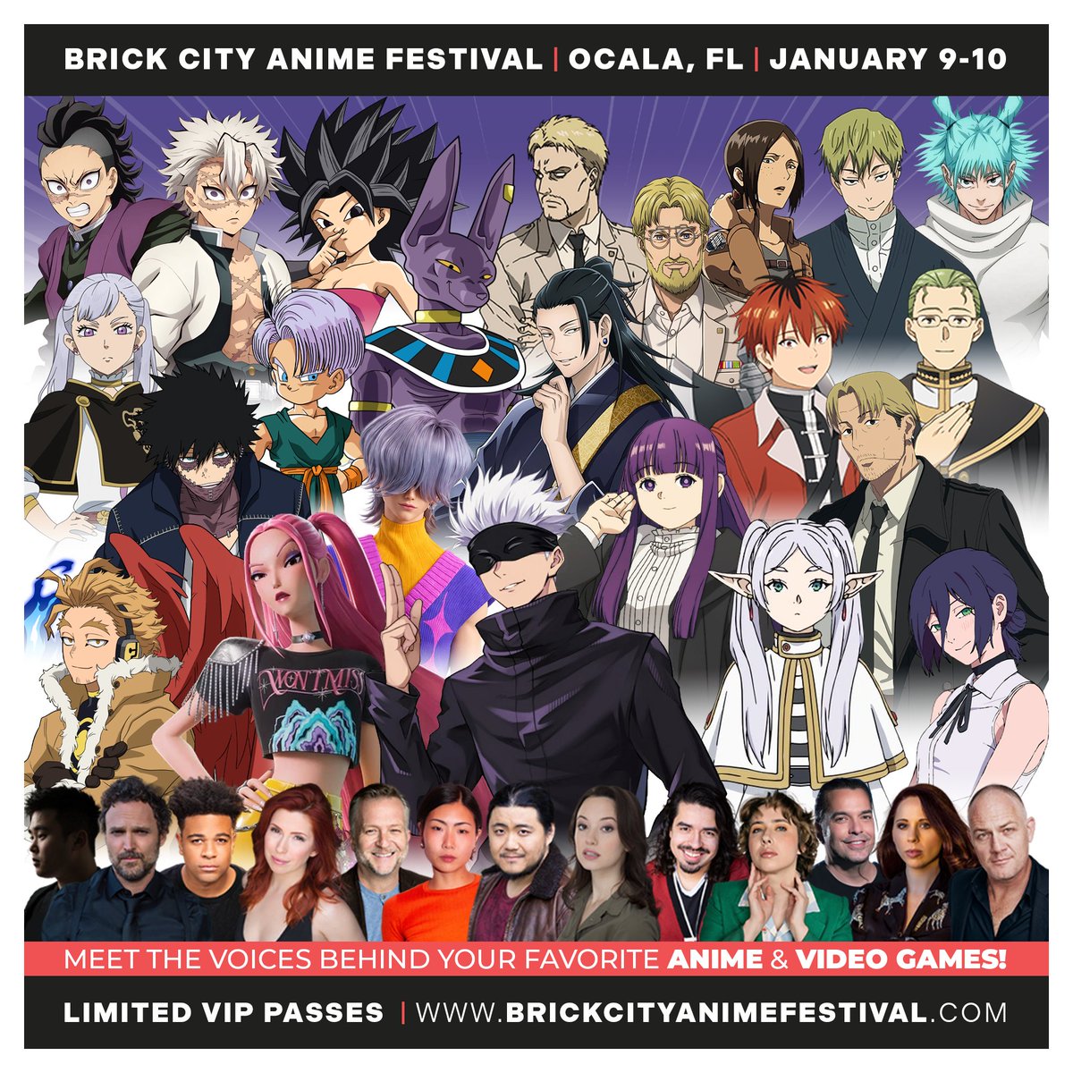 BrickCityAnime's tweet photo. Brick City Anime Festival returns on January 9th-10th, 2027, at the World Equestrian Center Expo 1 Building in Ocala, FL.

To view the current guest list and pre-order tickets for the January 9th-10th, Brick City Anime Festival, please visit: https://t.co/zPQ0XcpvUJ https://t.co/Kf6oFOrKtc