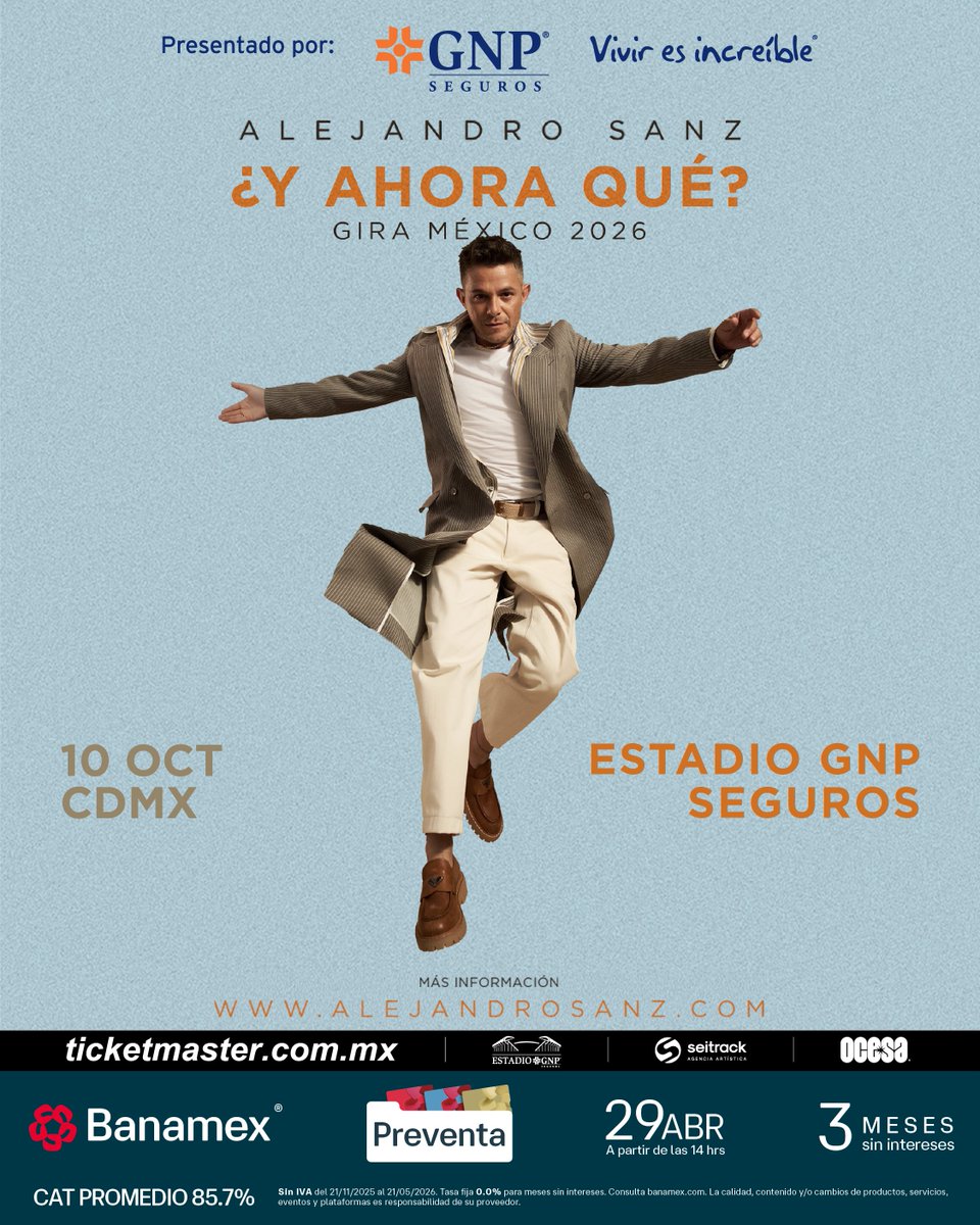 RuidoMagazine's tweet photo. ✨ ¡ @AlejandroSanz llega a la CDMX con su gira "¿Y Ahora Qué?"! 🎶   

El cantautor español llega para reencontrarse con su público mexicano en una noche inolvidable

📍 Estadio GNP Seguros   
📅 10 de Octubre   
🎟️ Boletos en https://t.co/3X2pdilE8F https://t.co/WeWyI6V7D4