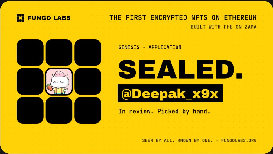 Deepak_x9x's tweet photo. Encrypted NFTs are the missing piece for on-chain privacy. Super excited to see @FungoLabs building the first encrypted NFTs on Ethereum powered by FHE with @zama. Sealed, secure, and truly next-gen!
@fungolabs https://t.co/B171D1Nkvc