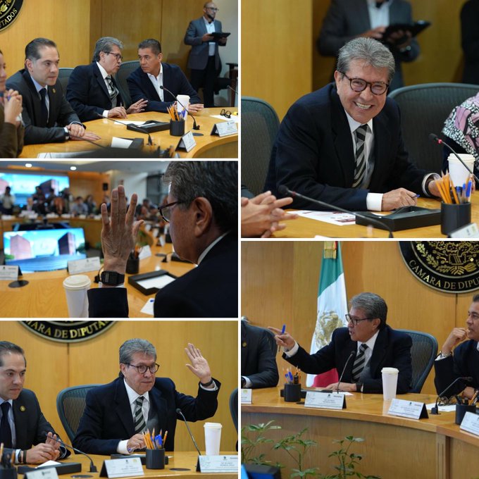 Ricardo Monreal Ávila is shown in multiple frames during a Jucopo (Junta de Coordinación Política) meeting at the Mexican Chamber of Deputies, engaging in animated discussion with fellow lawmakers, as referenced by the seal "CÁMARA DE DIPUTADOS" visible in the background.