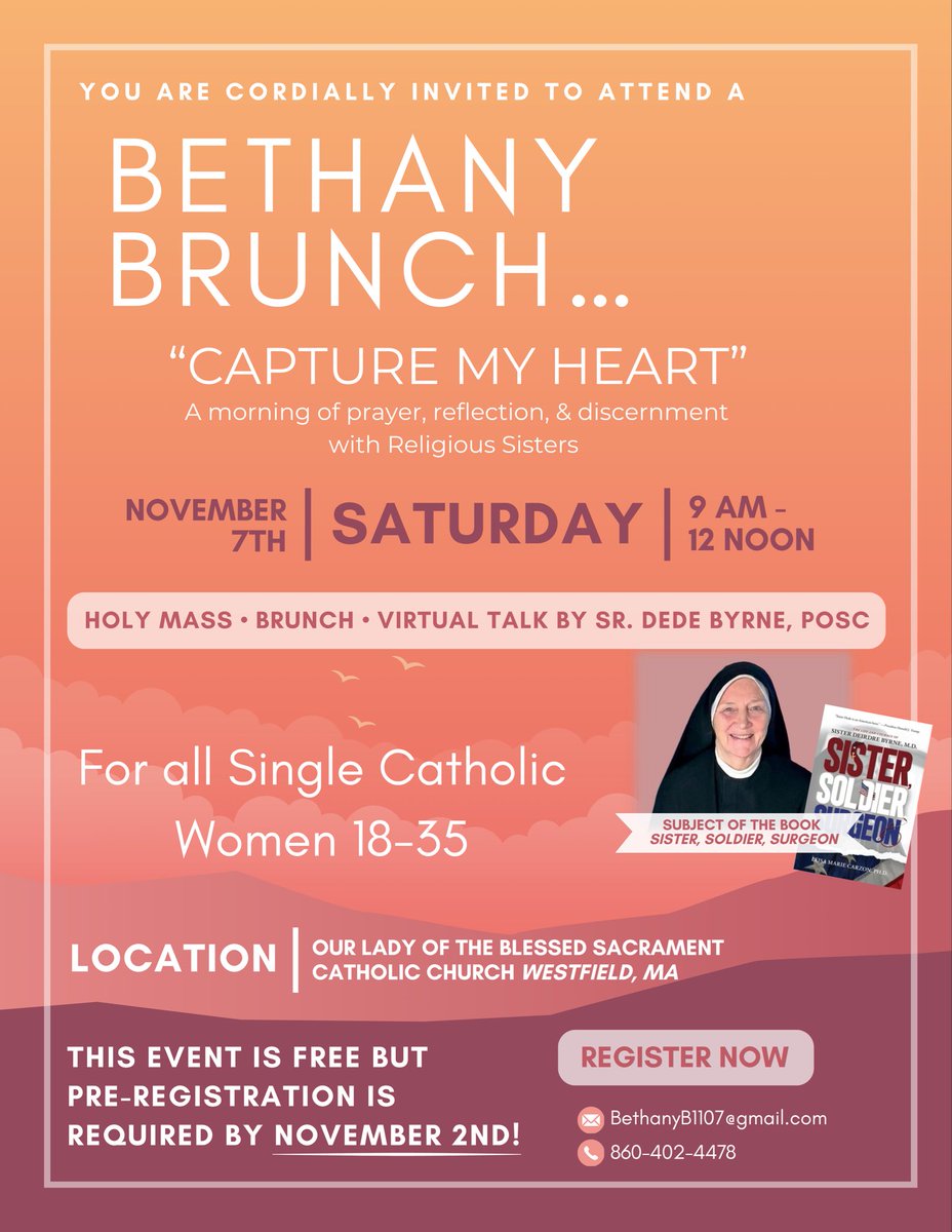 lspusapodcast's tweet photo. IT’S A BETHANY BRUNCH! Sr. Dede Byrne, subject of the book Sister, Soldier, Surgeon, will be our virtual speaker at this morning of prayer, reflection, and discernment for single Catholic young women. CHECK IT OUT!
#discernment #vocation #calling #faith #religiousSisters https://t.co/zi5Afatwuo
