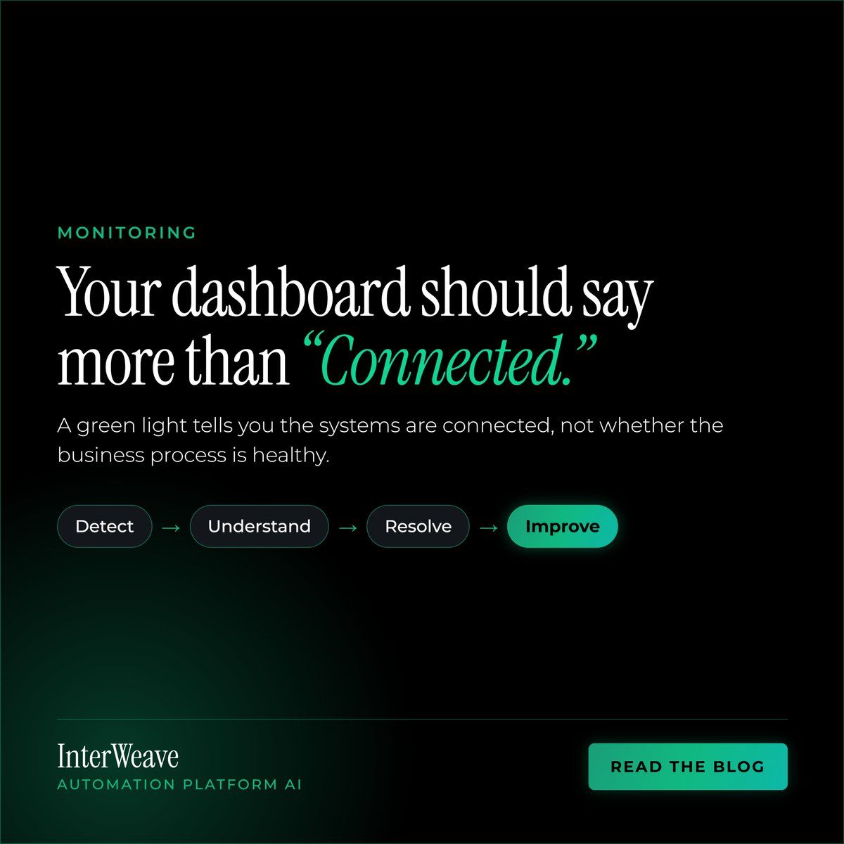 InterWeave1's tweet photo. Your dashboard should say more than “Connected.”
A green light tells you the systems are connected, not whether the business process is healthy.
🌐 Explore: https://t.co/QRIoWkfkGl https://t.co/N3P0GE0T6E